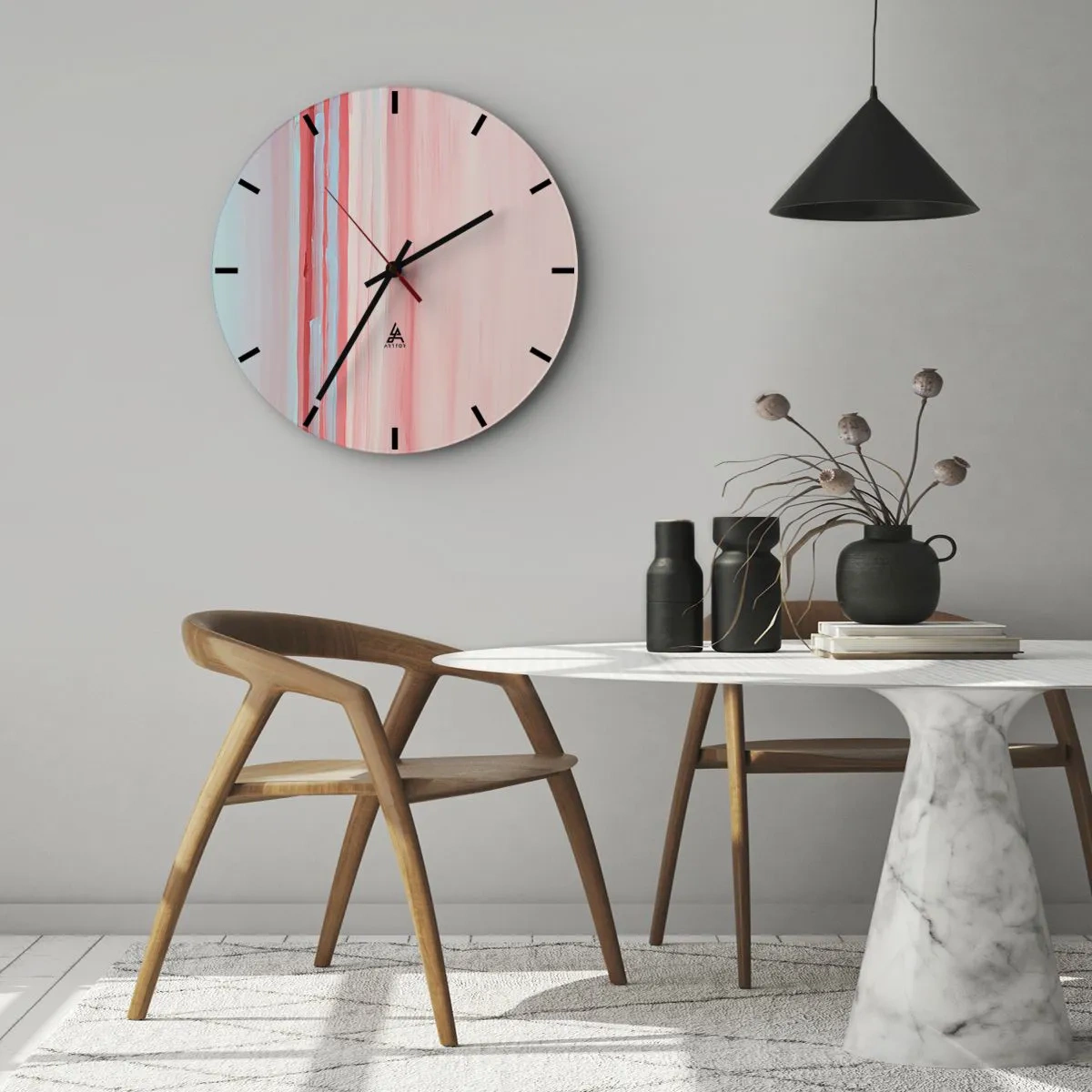 Ceas de perete - Ceas pe sticlă - Dungi verticale pastelate în nuanțe de roz și albastru - 30x30cm - Abstracție în zori - Decorațiune modernă pentru perete pentru living, bucătărie și dormitor ARTTOR