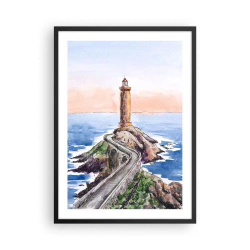 Poster în ramă neagră - Ilustrație în acuarelă a unui far pe o coastă stâncoasă - 50x70cm - Cu fața la mare - Decorațiune modernă pentru perete pentru living și dormitor ARTTOR