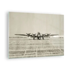 Tablou pe sticlă - Avion istoric la aeroport în stil sepia - 70x50cm - Pregătit, ca întotdeauna - Decorațiune modernă pentru perete pentru living și dormitor ARTTOR