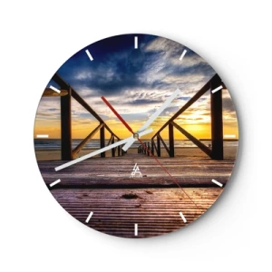 Ceas de perete - Ceas pe sticlă - Apus de soare văzut de pe un dig de lemn pe plajă - 30x30cm - Direct la o plajă liniștită la apus de soare - Decorațiune modernă pentru perete pentru living, bucătărie și dormitor ARTTOR