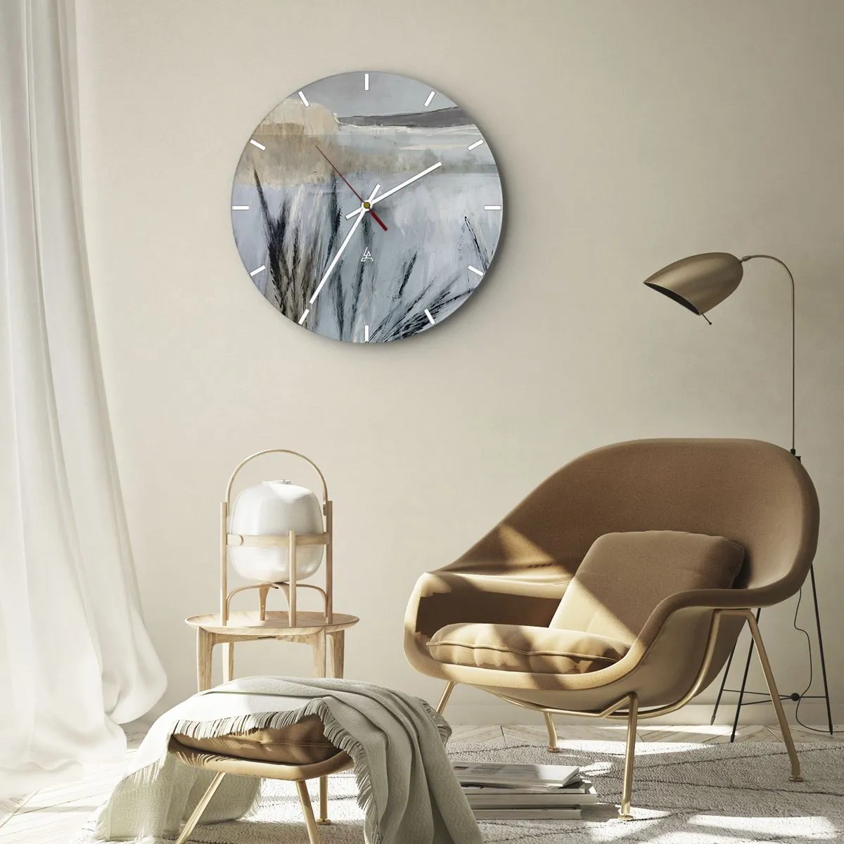 Ceas de perete - Ceas pe sticlă - O viziune picturală a unui câmp de iarnă cu ierburi în culori pastelate - 30x30cm - Câmpuri de iarnă - Decorațiune modernă pentru perete pentru living, bucătărie și dormitor ARTTOR