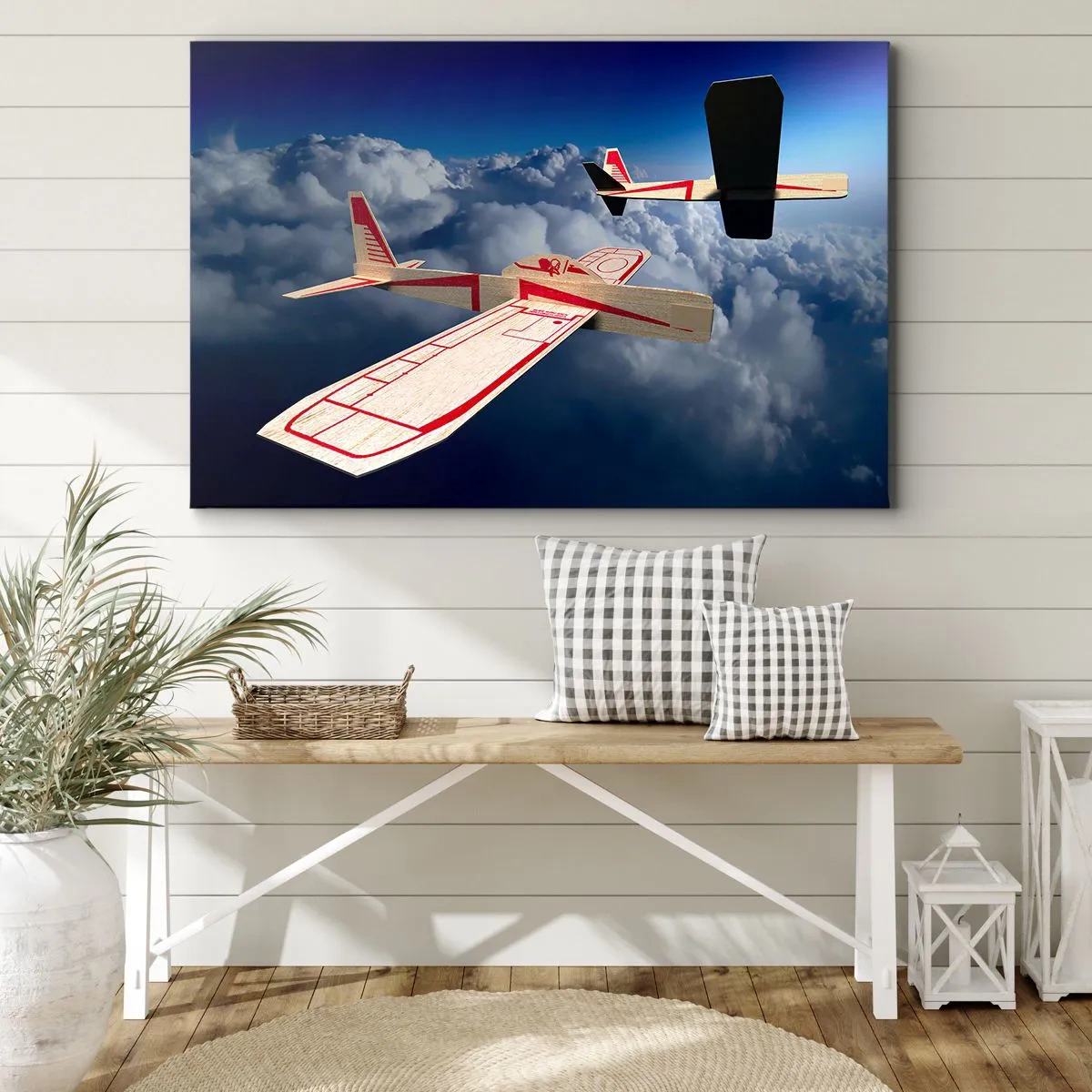Tablou pe pânză Canvas - Două avioane de lemn zburând deasupra norilor pe un cer albastru. - 70x50cm - Chiar mai sus, chiar mai departe - Decorațiune modernă pentru perete pentru living și dormitor ARTTOR