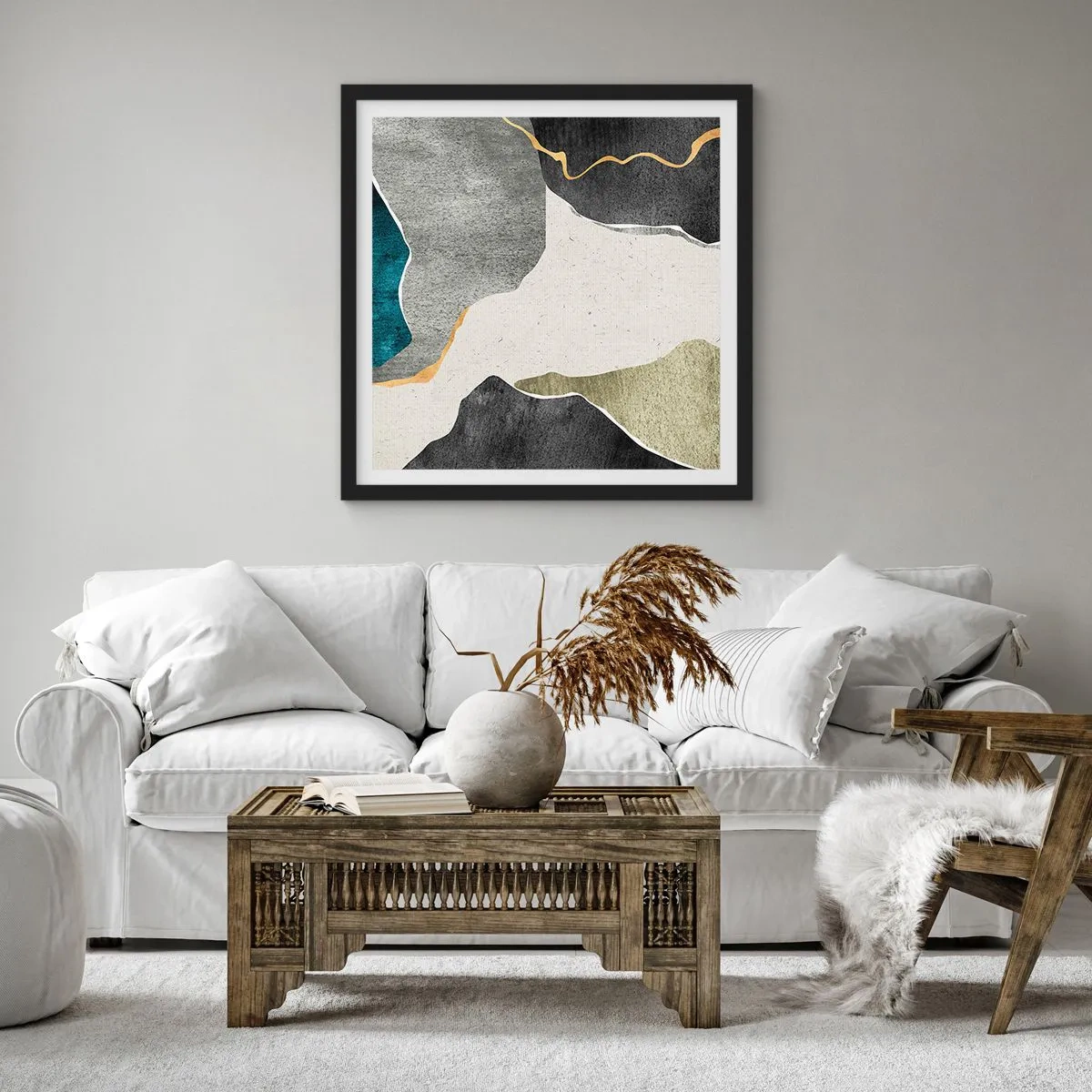 Poster în ramă neagră - Compoziție mozaic cu fir de aur - 50x50 cm