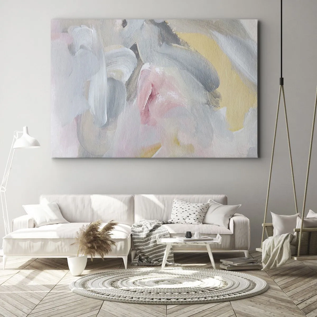 Tablou pe pânză Canvas - Tușe pastelate abstracte în nuanțe de roz și gri. - 70x50cm - Într-o lume de pastel - Decorațiune modernă pentru perete pentru living și dormitor ARTTOR