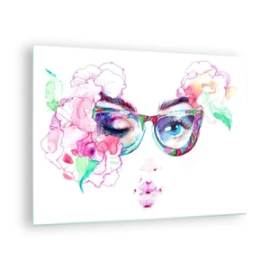 Tablou pe sticlă - Ochi de femeie cu flori și ochelari colorați în stil acuarelă - 70x50cm - O promisiune ispititoare - Decorațiune modernă pentru perete pentru living și dormitor ARTTOR