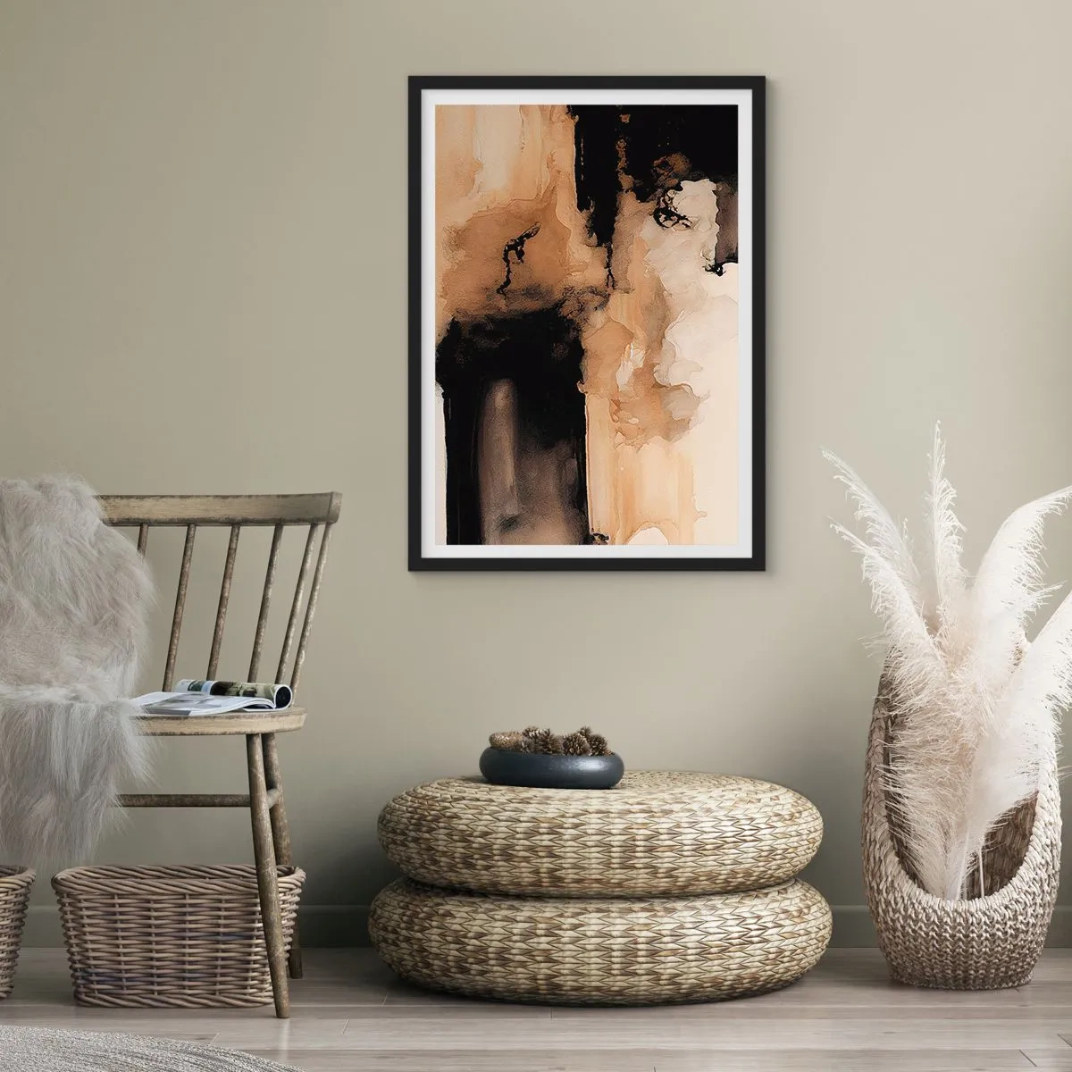 Poster în ramă neagră - O compoziție abstractă în nuanțe calde de maro. - 50x70cm - O abstractizare intrigantă - Decorațiune modernă pentru perete pentru living și dormitor ARTTOR