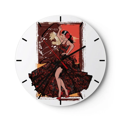 Ceas de perete - Ceas pe sticlă - O dansatoare într-o rochie roșie cu un fundal artistic - 30x30cm - În ritmul inimii - Decorațiune modernă pentru perete pentru living, bucătărie și dormitor ARTTOR