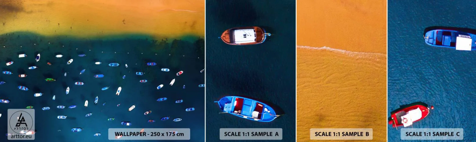 Mostră de Tapet Standard Eco - Joc de vacanță - Bărci, plajă, Coasta - 100x30 cm