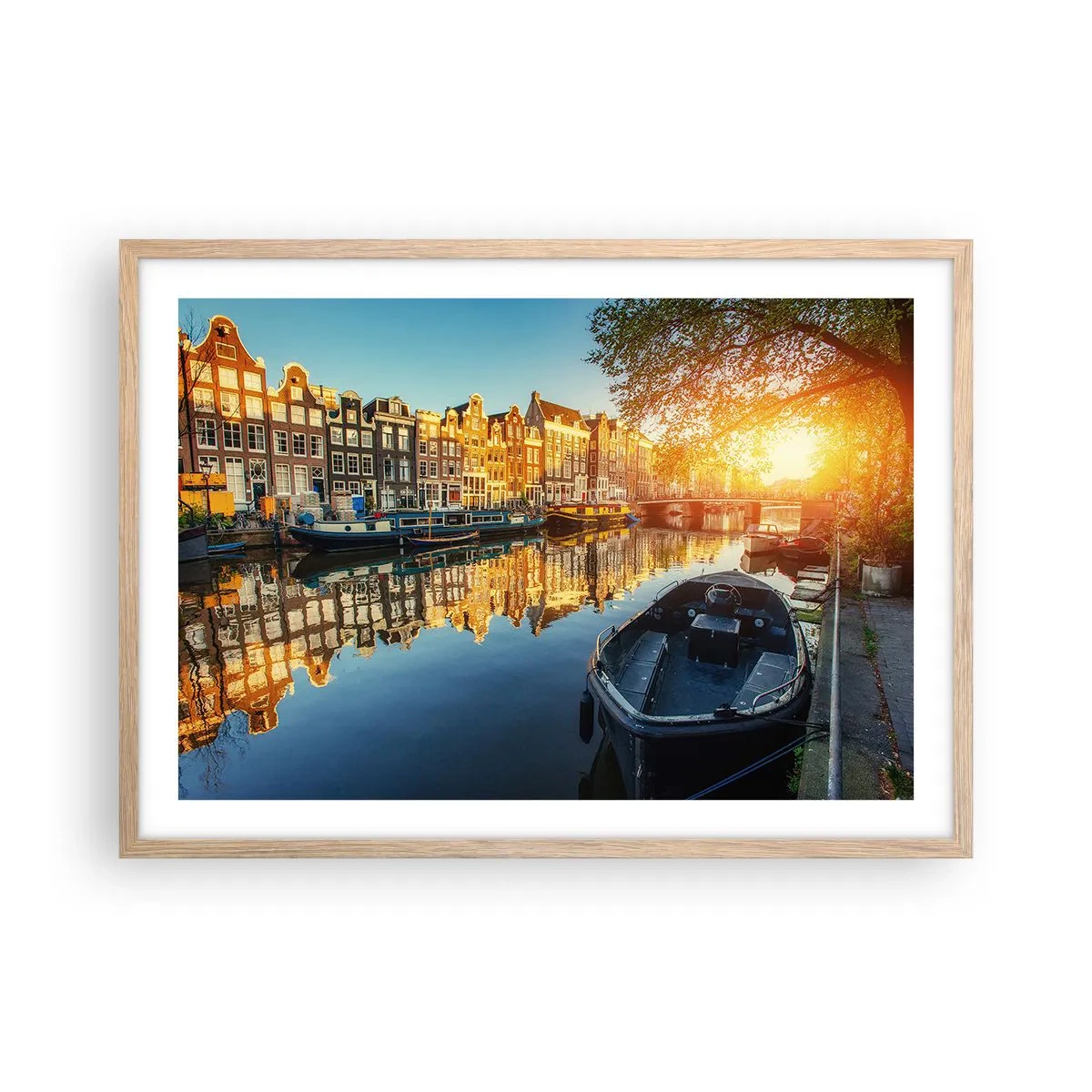 Poster în ramă de stejar deschis - Dimineața în Amsterdam - 70x50 cm