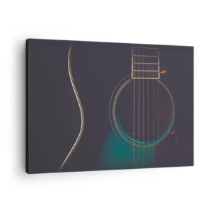 Tablou pe pânză Canvas - Chitară acustică în lumină întunecată și elegantă - 70x50cm - O clipă înainte de a suna - Decorațiune modernă pentru perete pentru living și dormitor ARTTOR