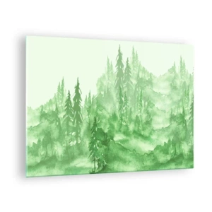 Tablou pe sticlă - Pădure verde în stil acuarelă - 70x50cm - Neclar prin ceața verde - Decorațiune modernă pentru perete pentru living și dormitor ARTTOR