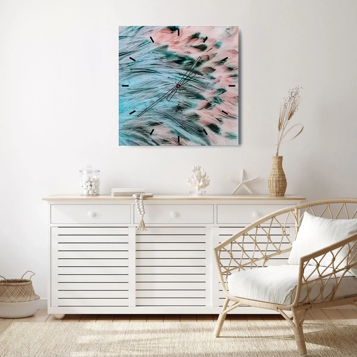 Ceas de perete - Ceas pe sticlă - Puful roz și safir - 30x30 cm