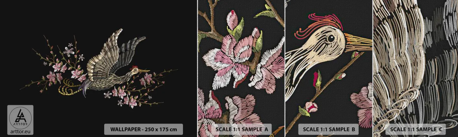 Mostră tapet Premium Canvas - Pasăre exotică brodată - Pasăre, Grafică, Flori - 100x30 cm