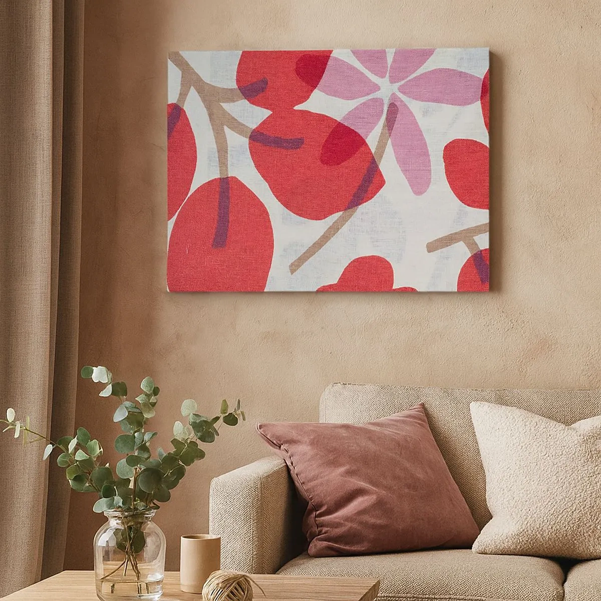 Tablou pe pânză Canvas - Flori și frunze în nuanțe de roșu și roz - 70x50cm - Aranjament floral în roz - Decorațiune modernă pentru perete pentru living și dormitor ARTTOR