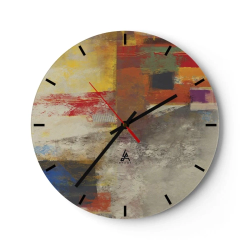 Ceas de perete - Ceas pe sticlă - Abstracție colorată cu elemente geometrice - 30x30cm - Geometria culorilor - Decorațiune modernă pentru perete pentru living, bucătărie și dormitor ARTTOR