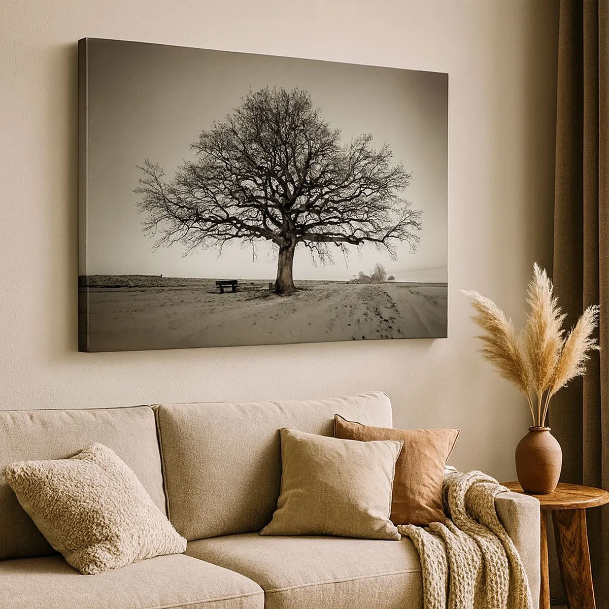 Tablou pe pânză Canvas - Un copac singuratic într-un câmp sepia - 70x50cm - De aici până în veșnicie - Decorațiune modernă pentru perete pentru living și dormitor ARTTOR