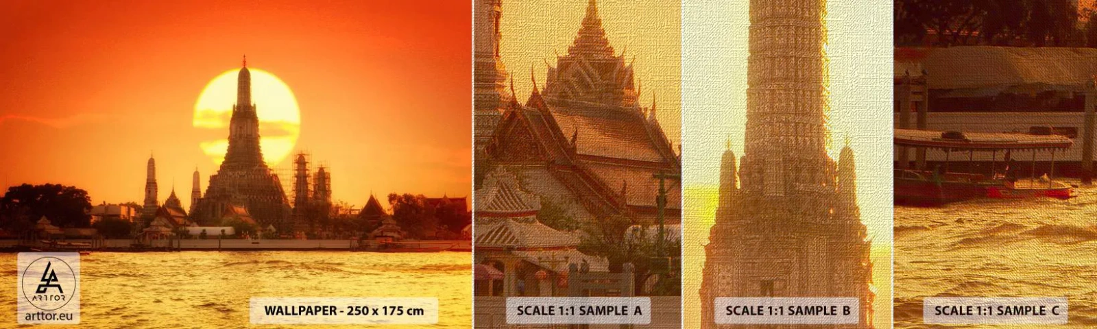 Mostră tapet Premium Canvas - Spre soare, mereu spre soare - Bangkok, Templul zorilor, Tailanda - 100x30 cm