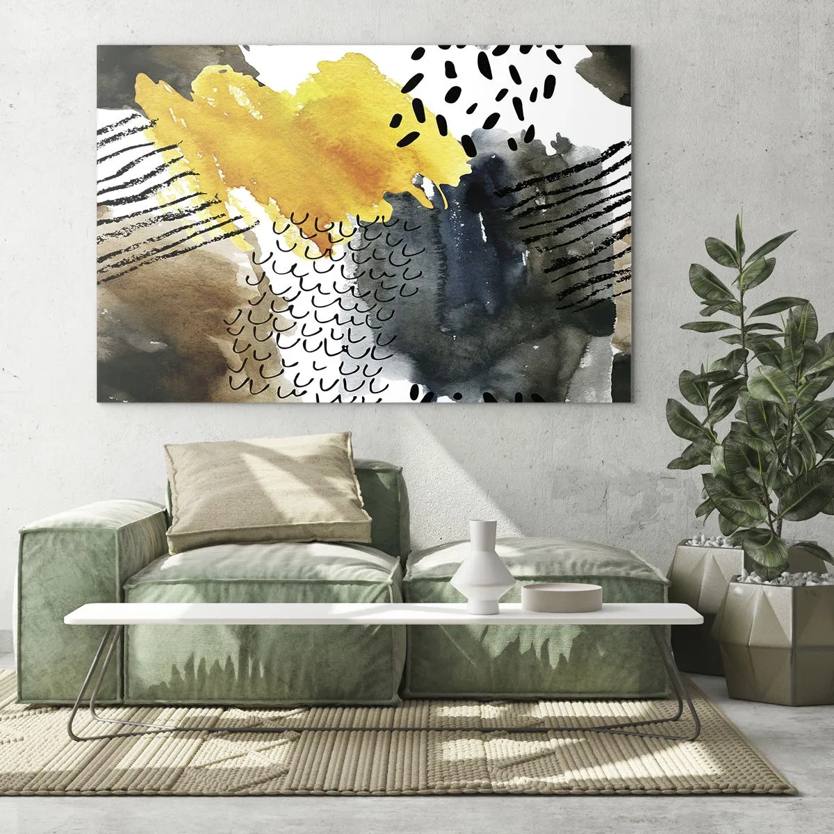 Tablou pe sticlă - O compoziție abstractă cu pete și linii în culori pământii. - 70x50cm - O întâlnire a elementelor - Decorațiune modernă pentru perete pentru living și dormitor ARTTOR