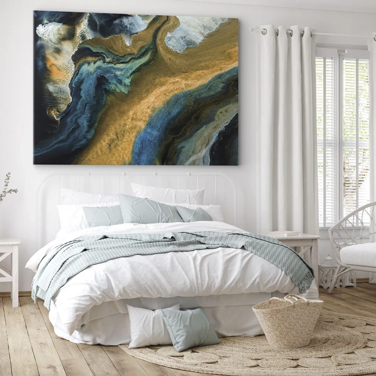 Tablou pe pânză Canvas - Valuri abstracte în nuanțe de auriu și albastru - 70x50cm - Albastru - galben - influență reciprocă - Decorațiune modernă pentru perete pentru living și dormitor ARTTOR