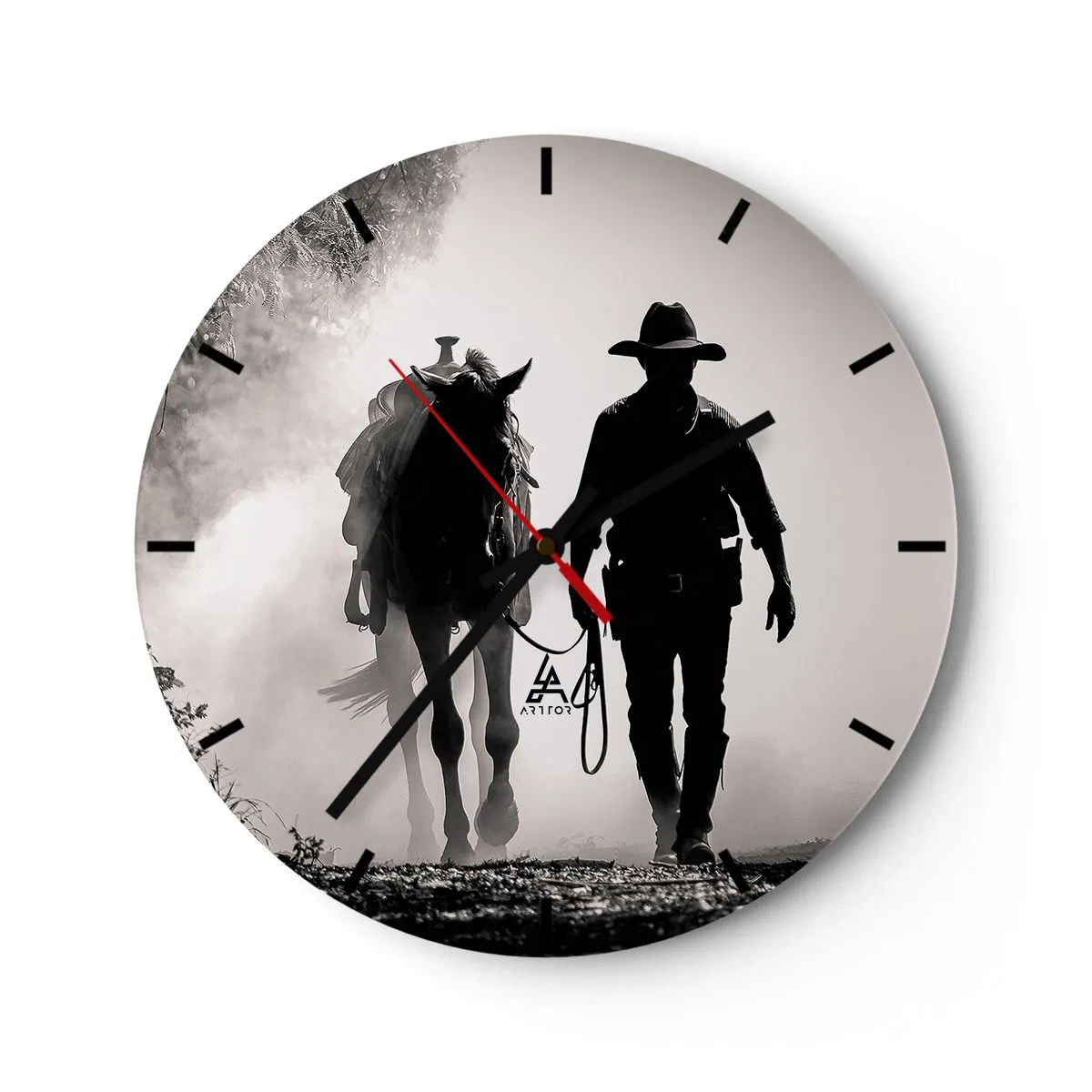 Ceas de perete - Ceas pe sticlă - Un cowboy își conduce calul în ceața dimineții - 30x30cm - Texas de dimineața - Decorațiune modernă pentru perete pentru living, bucătărie și dormitor ARTTOR