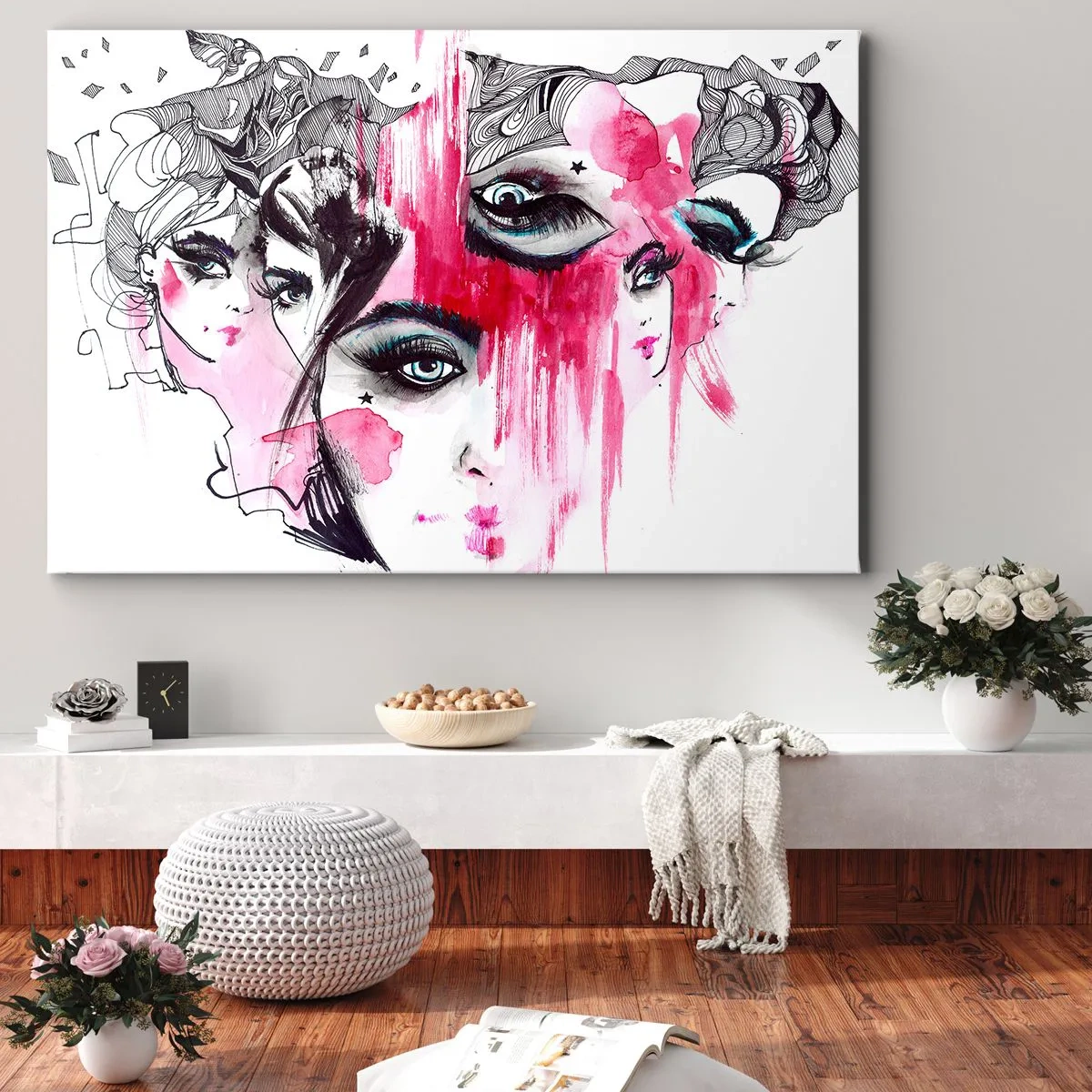 Tablou pe pânză Canvas - Față abstractă în nuanțe de roz și negru - 70x50cm - Ochii abstracți - Decorațiune modernă pentru perete pentru living și dormitor ARTTOR