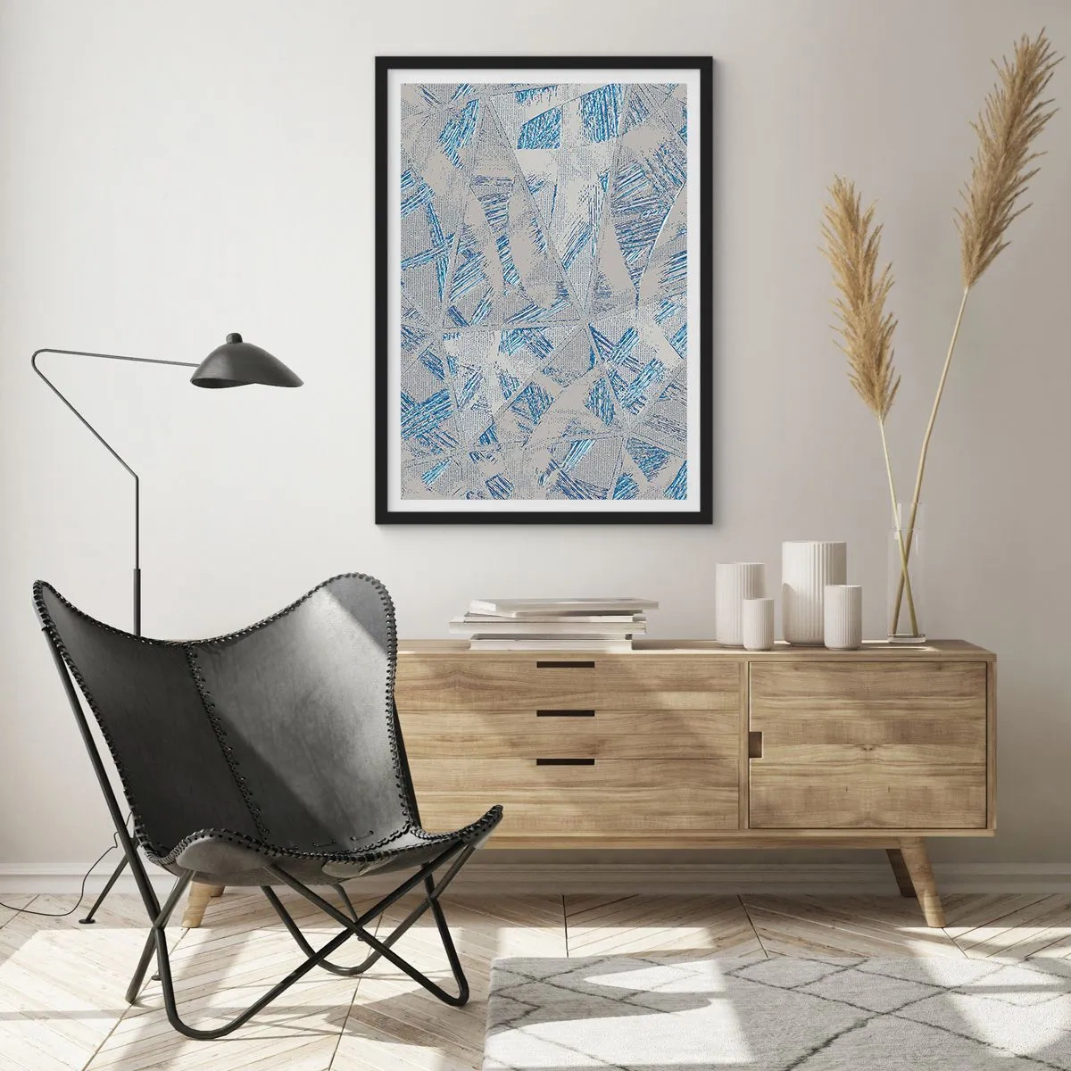 Poster în ramă neagră - Abstracție geometrică în nuanțe de albastru și gri - 50x70cm - Într-un labirint de gri-albastru - Decorațiune modernă pentru perete pentru living și dormitor ARTTOR