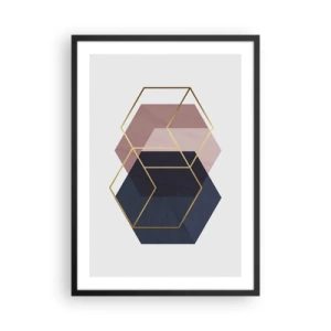 Poster în ramă neagră - Forme geometrice aurii pe un fundal în nuanțe de albastru marin și roz - 50x70cm - Puterea simplității - Decorațiune modernă pentru perete pentru living și dormitor ARTTOR