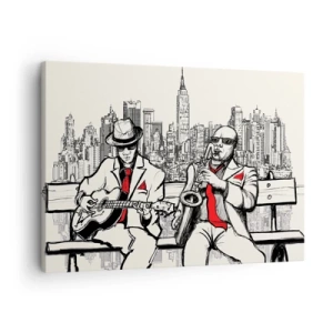 Tablou pe pânză Canvas - Un duo de jazz cu saxofon și chitară pe fundalul orașului - 70x50cm - Improvizație la New York - Decorațiune modernă pentru perete pentru living și dormitor ARTTOR