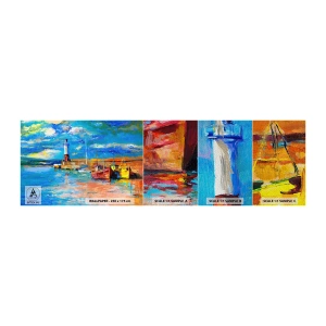 Mostră tapet Premium Sand - După-amiază în golful de curcubeu - Portul Pescarilor, Barca de pescuit, Far - 100x30 cm