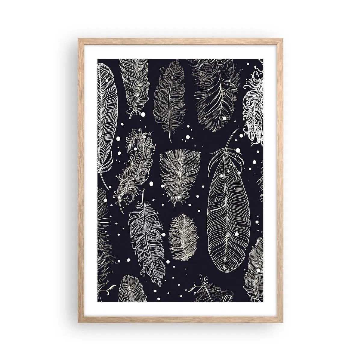 Poster în ramă de stejar deschis - Dantelă cu pene - 50x70 cm