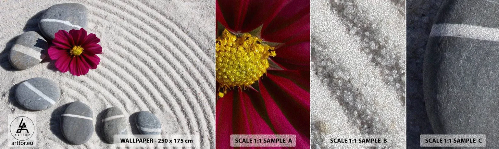 Mostră tapet Premium Sand - Energia și liniștea cercului magic al naturii - Flori, Nisip, Pietre - 100x30 cm