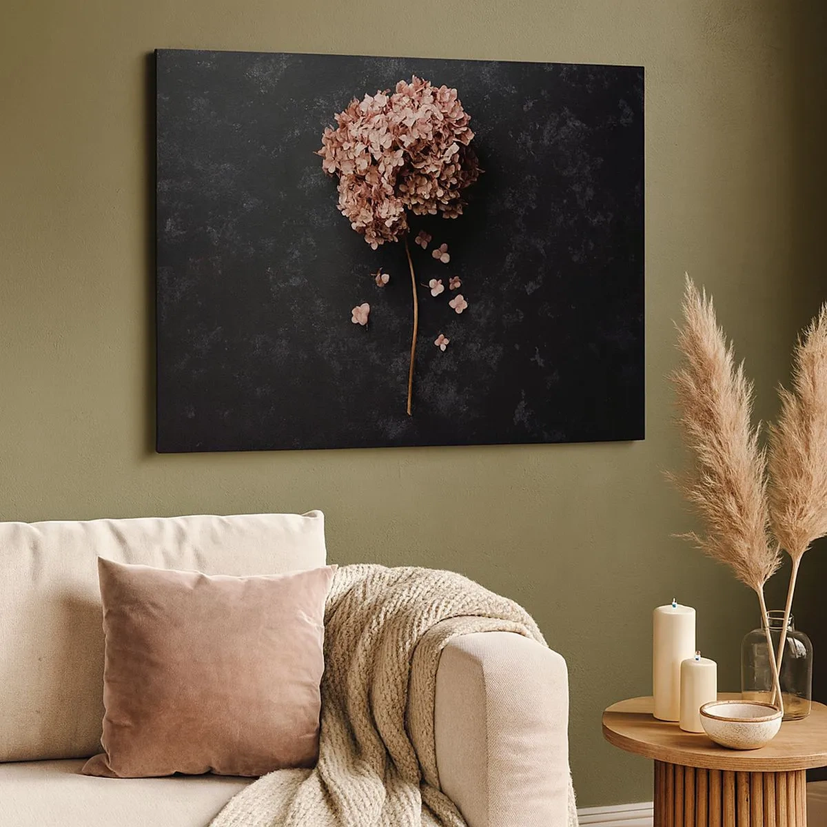 Tablou pe pânză Canvas - O floare delicată de hortensie pe un fundal întunecat - 70x50cm - Un semn cu adevărat romantic - Decorațiune modernă pentru perete pentru living și dormitor ARTTOR