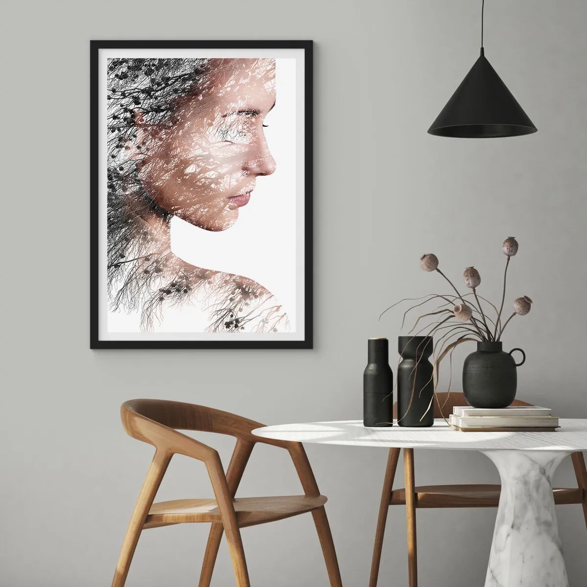 Poster în ramă neagră - Portret cu dublă expunere al unei femei cu motiv natural - 50x70cm - Spiritul pădurii - Decorațiune modernă pentru perete pentru living și dormitor ARTTOR