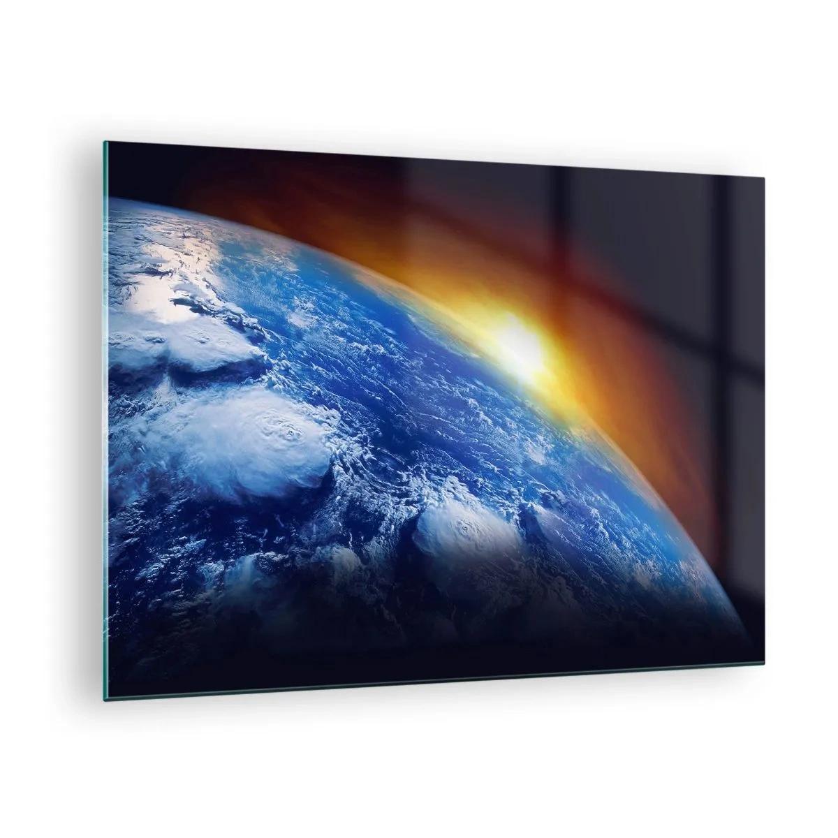 Tablou pe sticlă - Pământul în spațiu, iluminat de razele soarelui - 70x50cm - Răsărit de soare deasupra planetei albastre - Decorațiune modernă pentru perete pentru living și dormitor ARTTOR