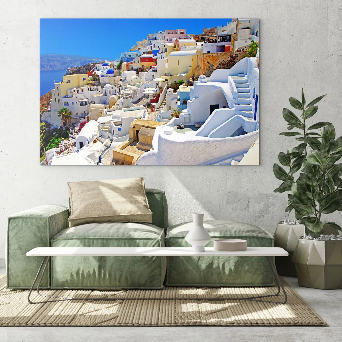 Tablou pe sticlă - Santorini cu case albe pe un cer albastru - 70x50cm - Visând la o vară grecească - Decorațiune modernă pentru perete pentru living și dormitor ARTTOR