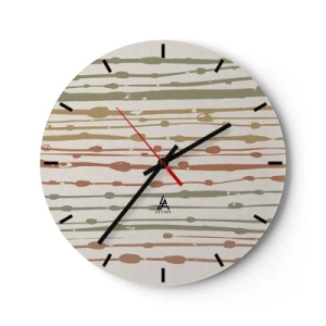 Ceas de perete - Ceas pe sticlă - Linii și pete colorate într-un ritm orizontal pe un fundal deschis - 30x30cm - Notația culorilor muzicale - Decorațiune modernă pentru perete pentru living, bucătărie și dormitor ARTTOR