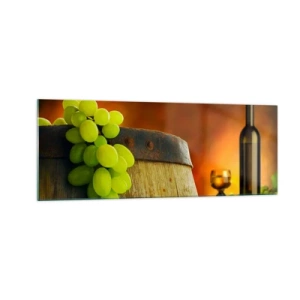 Tablou pe sticlă - Natură moartă cu o sticlă de vin și un ciorchine de struguri - 140x50 cm