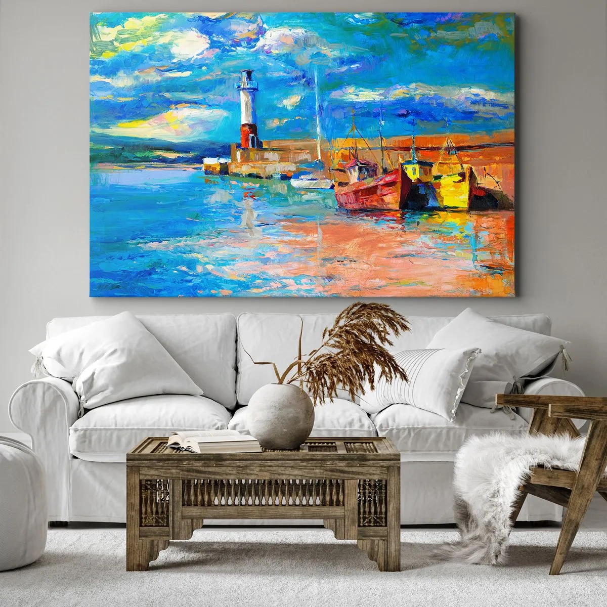 Tablou pe pânză Canvas - Port de pescuit cu bărci și un far în culori vii - 70x50cm - După-amiază în golful de curcubeu - Decorațiune modernă pentru perete pentru living și dormitor ARTTOR