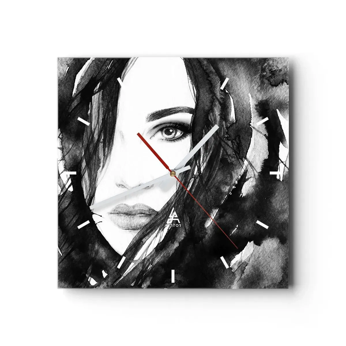 Ceas de perete - Ceas pe sticlă - Studiu unei dame în alb și negru - 30x30 cm