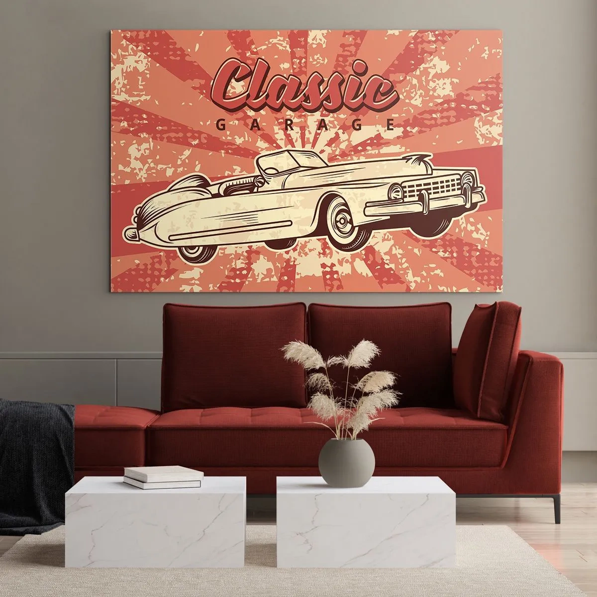 Tablou pe sticlă - Grafică retro a unei mașini clasice pe un fundal de raze - 70x50cm - Și la radio Elvis - Decorațiune modernă pentru perete pentru living și dormitor ARTTOR