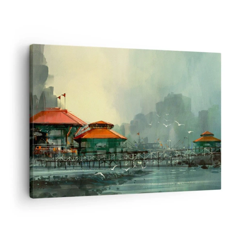 Tablou pe pânză Canvas - Clădiri portuare într-un peisaj ploios cu pescăruși - 70x50cm - O zi ploioasă în port - Decorațiune modernă pentru perete pentru living și dormitor ARTTOR