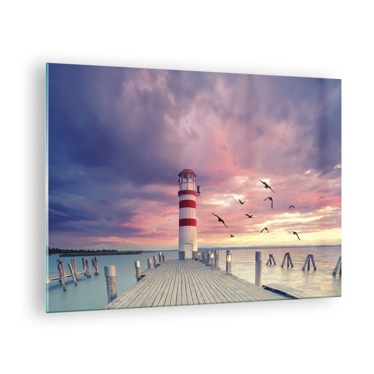 Tablou pe sticlă - Farul de pe dig la apus cu păsările în zbor - 70x50cm - Să ne întoarcem în port - Decorațiune modernă pentru perete pentru living și dormitor ARTTOR