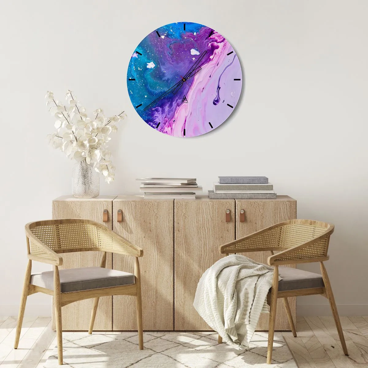 Ceas de perete - Ceas pe sticlă - Culori abstracte în nuanțe de violet și albastru - 30x30cm - Yin și yang - Decorațiune modernă pentru perete pentru living, bucătărie și dormitor ARTTOR