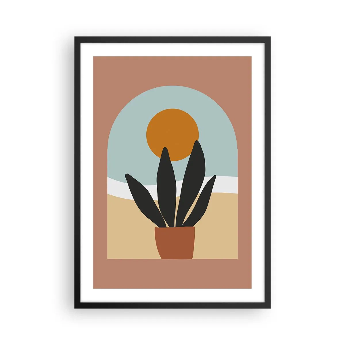 Poster în ramă neagră - O plantă în ghiveci în fața unui arc cu un apus de soare în fundal - 50x70cm - Bucurii mici - Decorațiune modernă pentru perete pentru living și dormitor ARTTOR