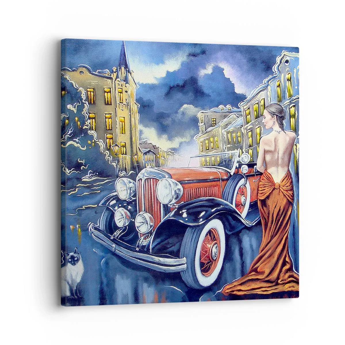 Tablou pe pânză - Nocturne în albastru și coral - 30x30 cm