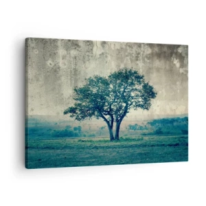 Tablou pe pânză Canvas - Un copac singuratic pe fundalul unui peisaj cețos - 70x50cm - Un măr pe o pajiște albastră? - Decorațiune modernă pentru perete pentru living și dormitor ARTTOR