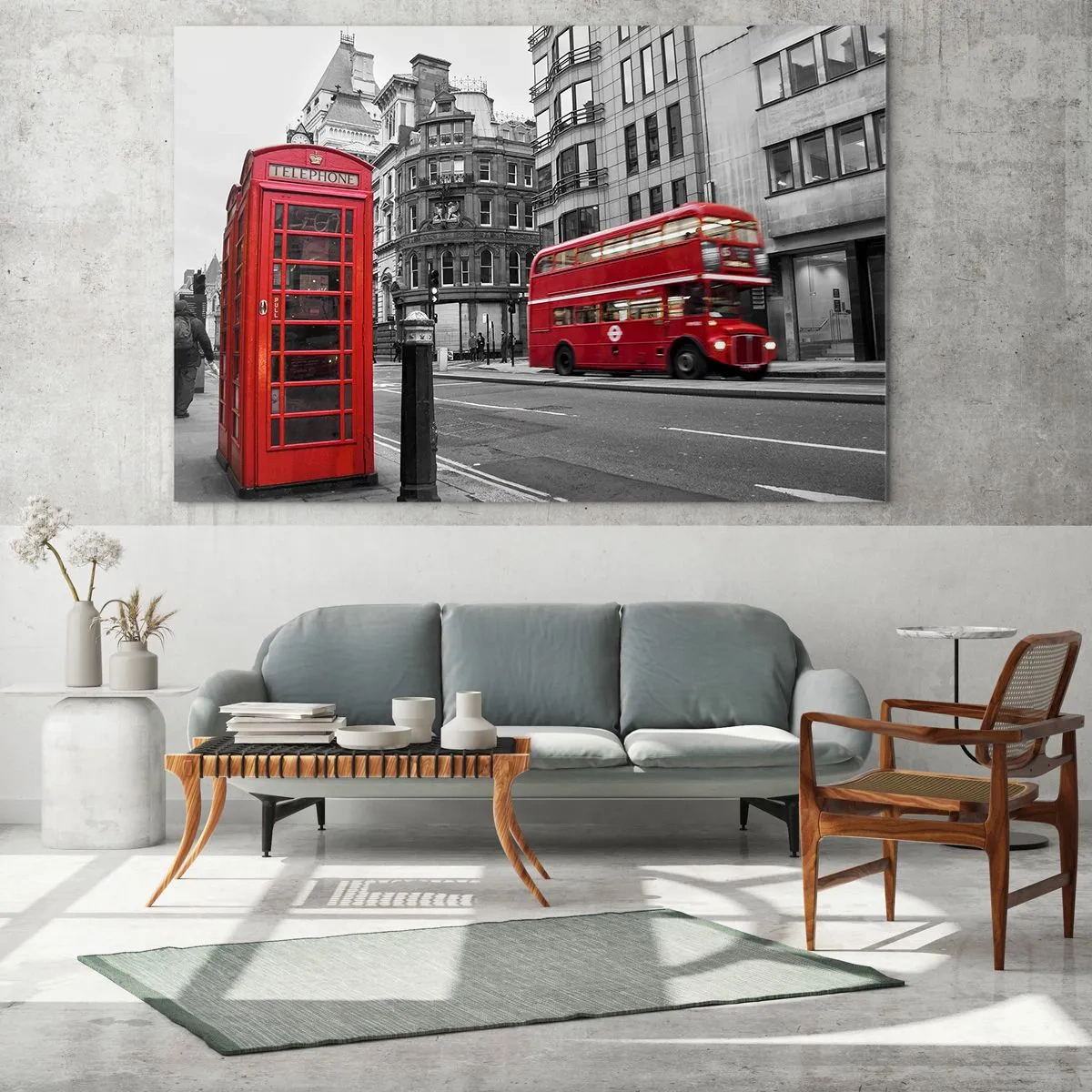 Tablou pe sticlă - Cabină telefonică roșie și autobuz în Londra - 70x50cm - Cea mai roșie din Europa - Decorațiune modernă pentru perete pentru living și dormitor ARTTOR