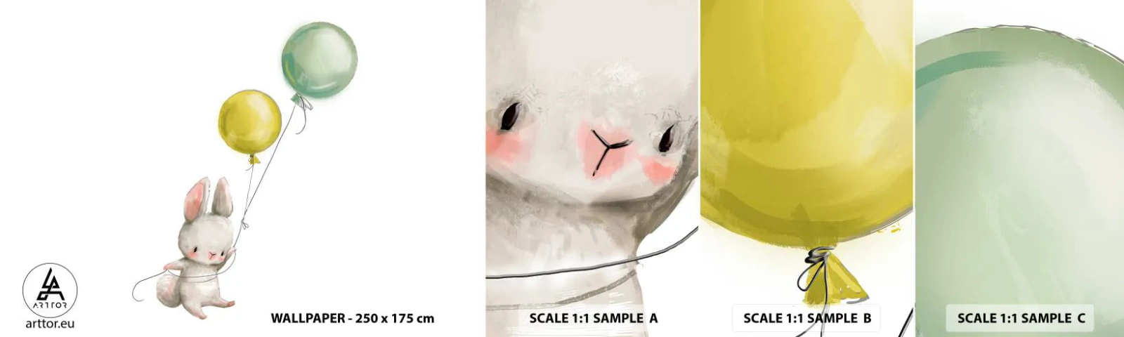 Mostră de Tapet Standard Eco - Voi zbura și eu! - Pentru copii, Iepure, Baloane colorate - 100x30 cm