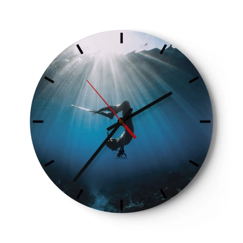 Ceas de perete - Ceas pe sticlă - Silueta unei femei plutind în apă în razele soarelui - 30x30cm - Dans subacvatic - Decorațiune modernă pentru perete pentru living, bucătărie și dormitor ARTTOR