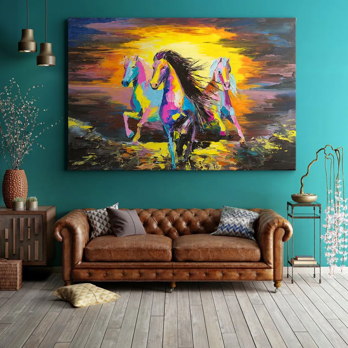 Tablou pe pânză Canvas - Cai colorați galopând pe fundalul soarelui apus - 70x50cm - Scufundați în lumină - Decorațiune modernă pentru perete pentru living și dormitor ARTTOR